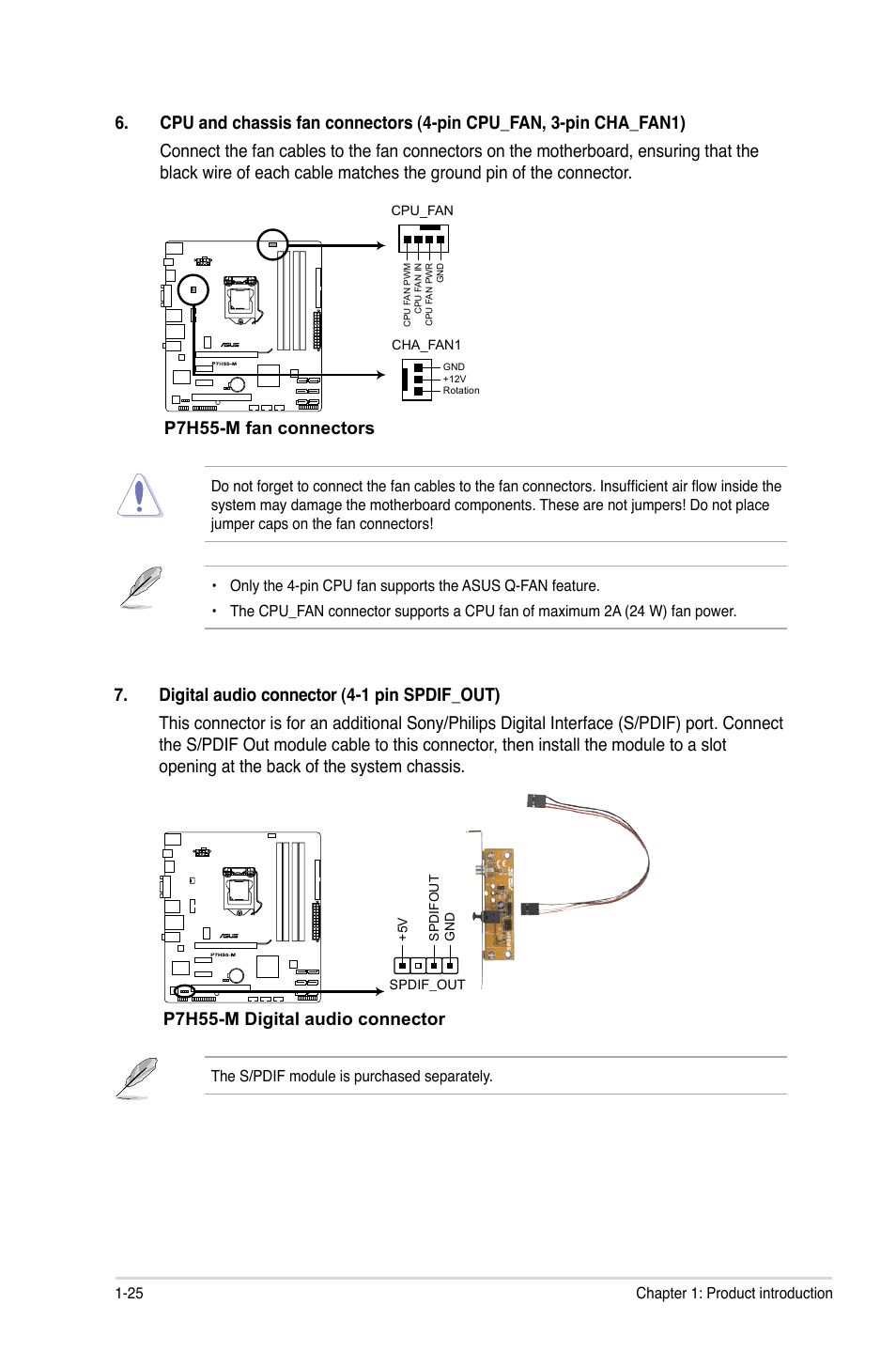 P7h55-m fan connectors, P7h55-m digital audio connector | Asus P7H55-M/BR User Manual | Page 37 / 68