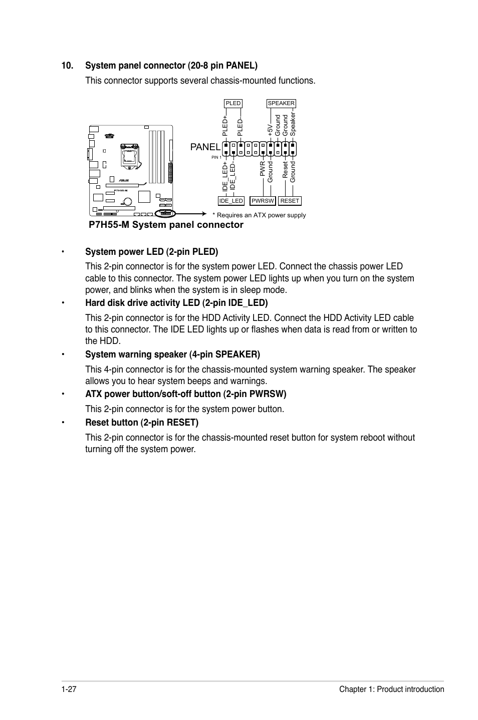 Panel, P7h55-m system panel connector | Asus P7H55-M/BR User Manual | Page 39 / 68