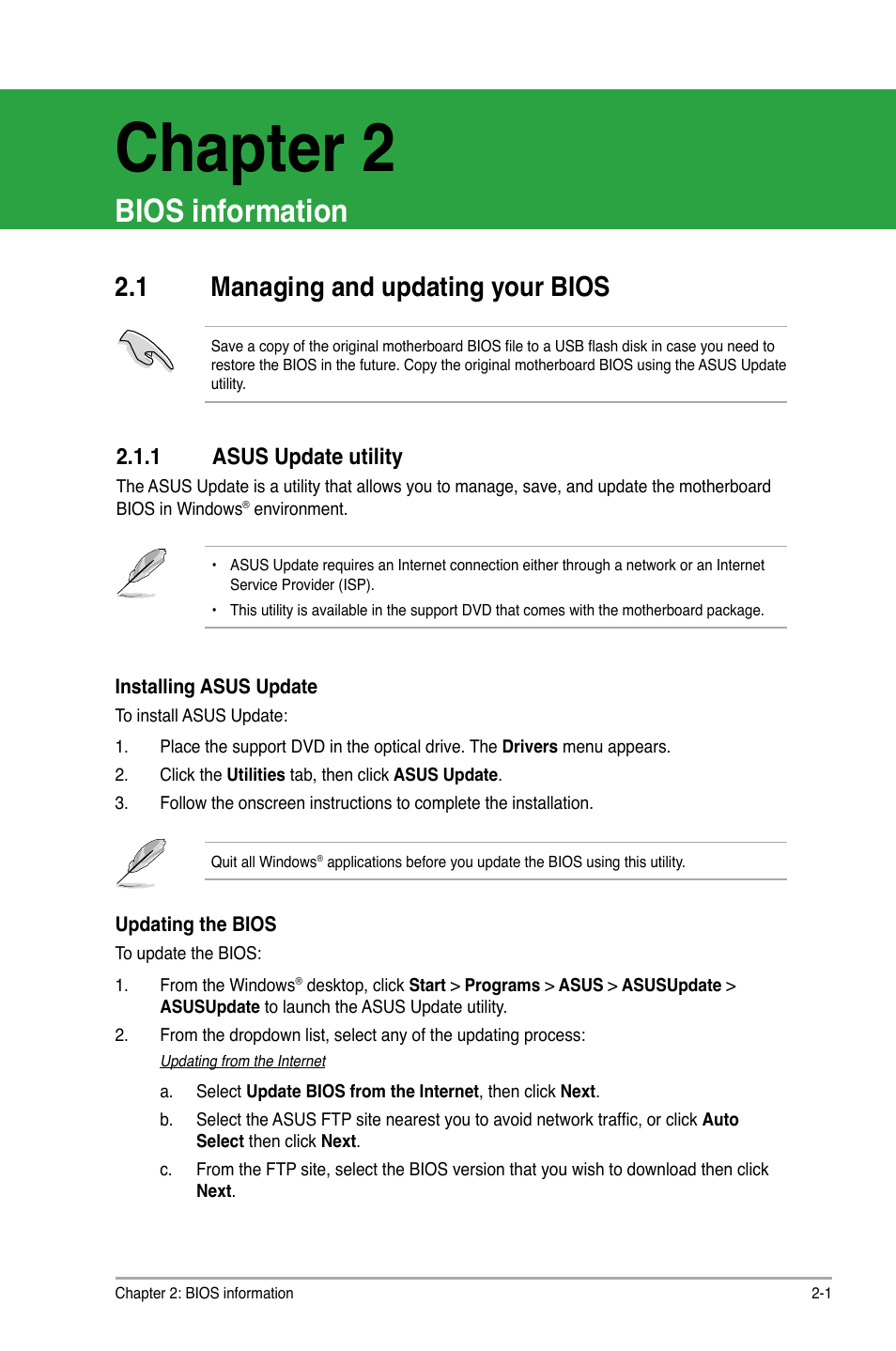 Chapter 2, Bios information, 1 managing and updating your bios | 1 asus update utility, Managing and updating your bios -1 2.1.1, Asus update utility -1 | Asus P7H55-M/BR User Manual | Page 41 / 68