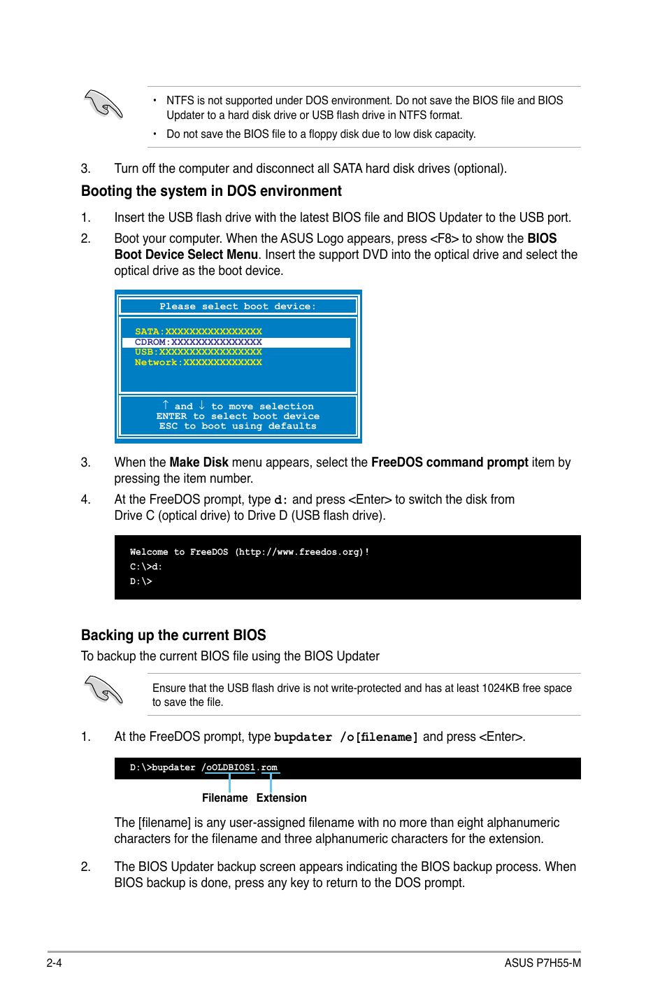 Booting the system in dos environment, Backing up the current bios | Asus P7H55-M/BR User Manual | Page 44 / 68