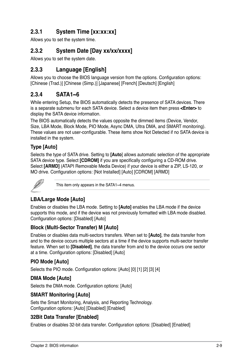 1 system time, 2 system date, 3 language | 4 sata1~6, System time -9, System date -9, Language -9, Sata1~6 -9, 1 system time [xx:xx:xx, 3 language [english | Asus P7H55-M/BR User Manual | Page 49 / 68