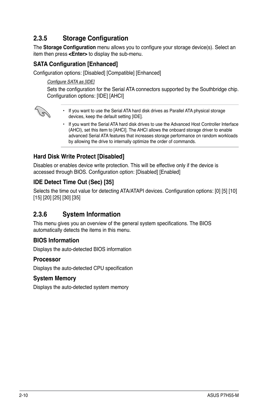 5 storage configuration, 6 system information, Storage configuration -10 | System information -10 | Asus P7H55-M/BR User Manual | Page 50 / 68