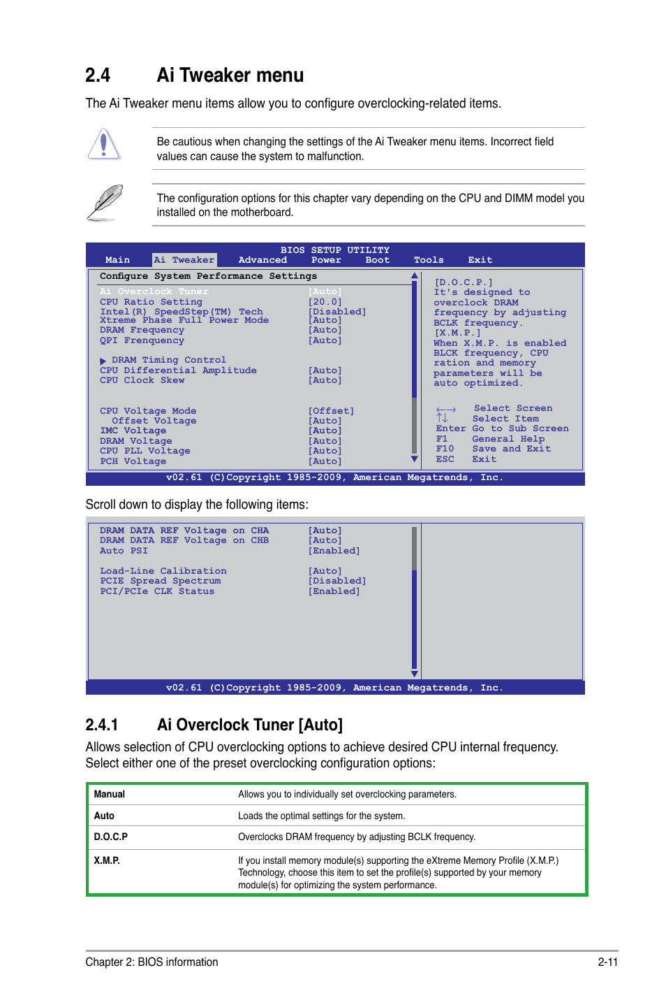 4 ai tweaker menu, 1 ai overclock tuner, Ai tweaker menu -11 2.4.1 | Ai overclock tuner -11, 1 ai overclock tuner [auto, Scroll down to display the following items | Asus P7H55-M/BR User Manual | Page 51 / 68