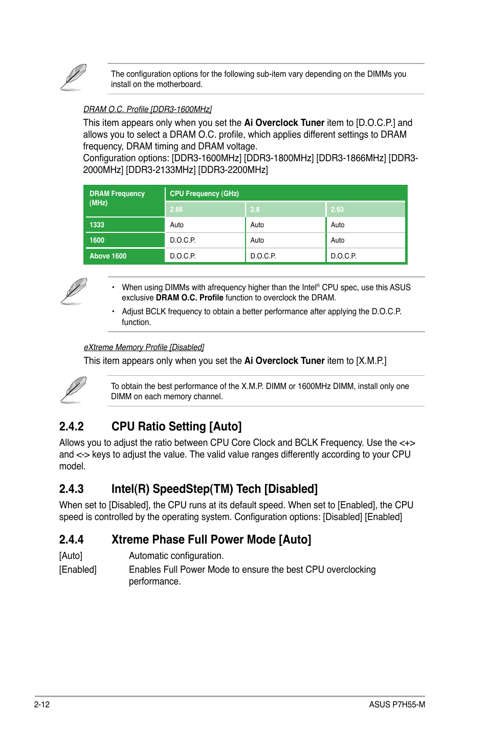 2 cpu ratio setting, 3 intel(r) speedstep(tm) tech, 4 xtreme phase full power mode | Cpu ratio setting -12, Intel(r) speedstep(tm) tech -12, Xtreme phase full power mode -12, 2 cpu ratio setting [auto, 3 intel(r) speedstep(tm) tech [disabled, 4 xtreme phase full power mode [auto | Asus P7H55-M/BR User Manual | Page 52 / 68