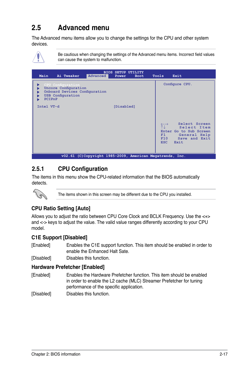 5 advanced menu, 1 cpu configuration, Advanced menu -17 2.5.1 | Cpu configuration -17, Cpu ratio setting [auto, C1e support [disabled, Hardware prefetcher [enabled | Asus P7H55-M/BR User Manual | Page 57 / 68