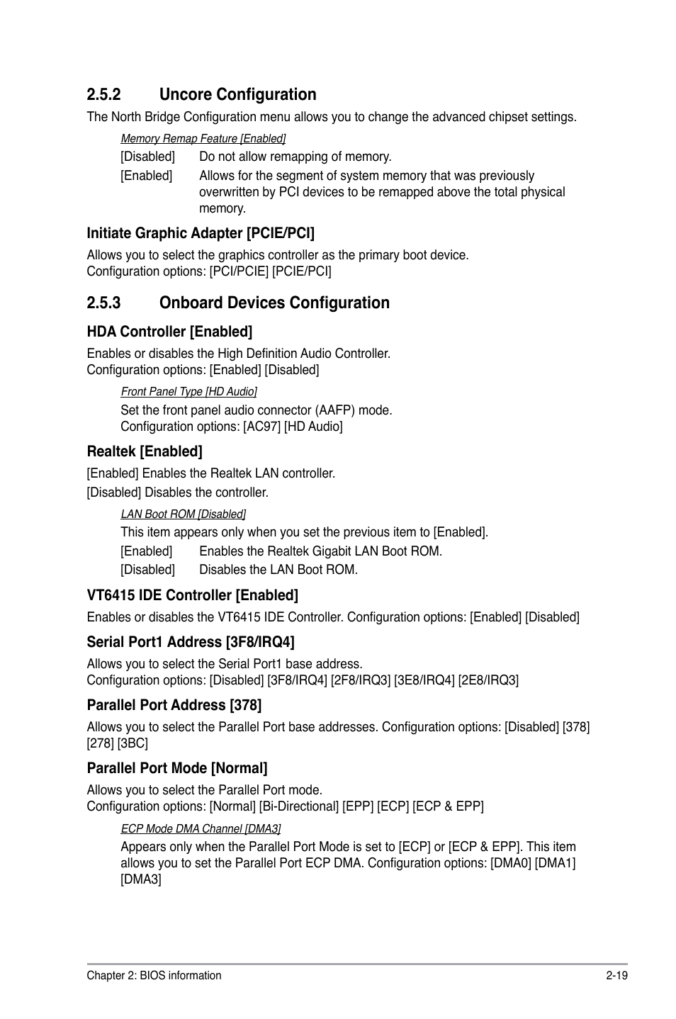 2 uncore configuration, 3 onboard devices configuration, Uncore configuration -19 | Onboard devices configuration -19 | Asus P7H55-M/BR User Manual | Page 59 / 68