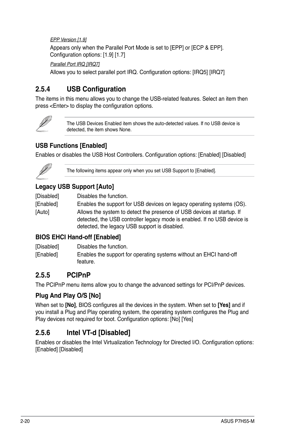 4 usb configuration, 5 pcipnp, 6 intel vt-d | Usb configuration -20, Pcipnp -20, Intel vt-d -20, 6 intel vt-d [disabled | Asus P7H55-M/BR User Manual | Page 60 / 68