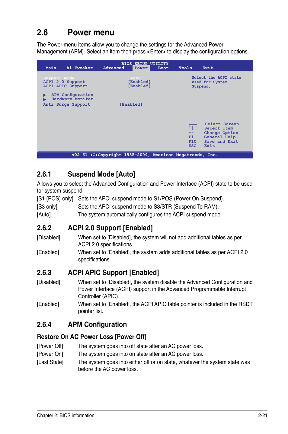 6 power menu, 1 suspend mode, 2 acpi 2.0 support | 3 acpi apic support, 4 apm configuration, Power menu -21 2.6.1, Suspend mode -21, Acpi 2.0 support -21, Acpi apic support -21, Apm configuration -21 | Asus P7H55-M/BR User Manual | Page 61 / 68