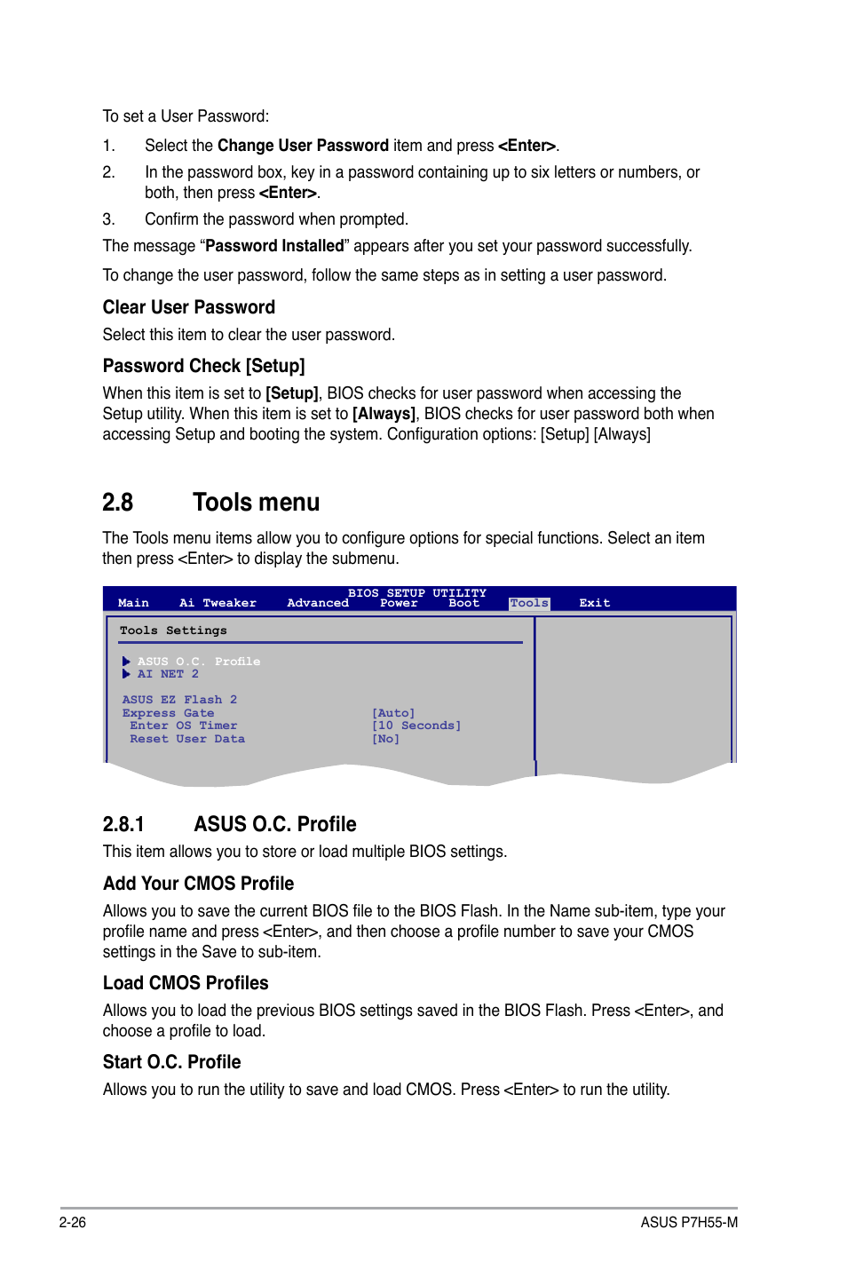 8 tools menu, 1 asus o.c. profile, Tools menu -26 2.8.1 | Asus o.c. profile -26 | Asus P7H55-M/BR User Manual | Page 66 / 68