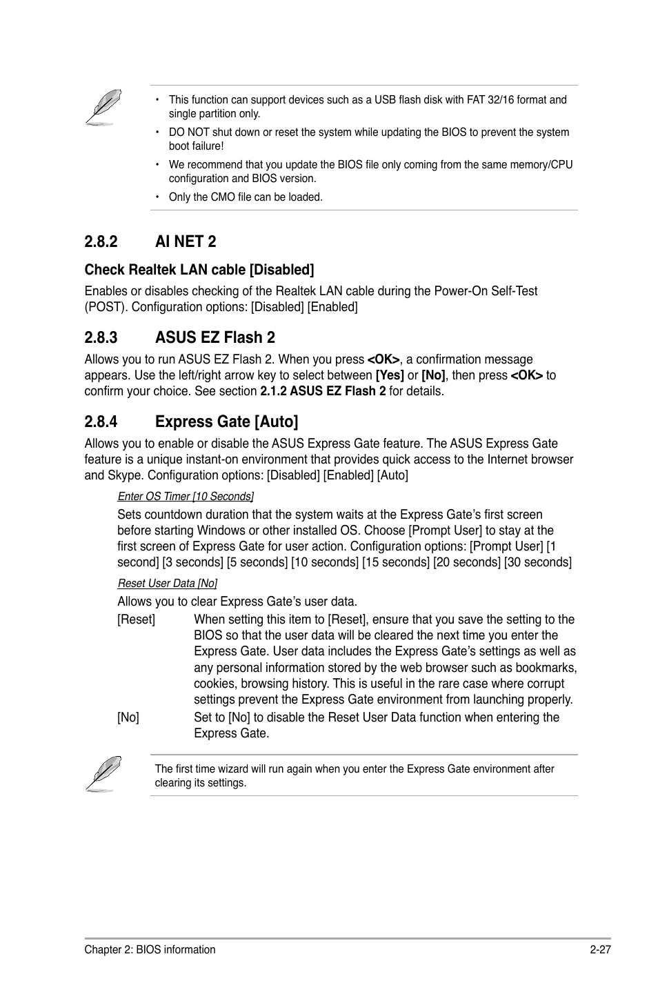 2 ai net 2, 3 asus ez flash 2, 4 express gate | Ai net 2 -27, Asus ez flash 2 -27, Express gate -27, 4 express gate [auto | Asus P7H55-M/BR User Manual | Page 67 / 68