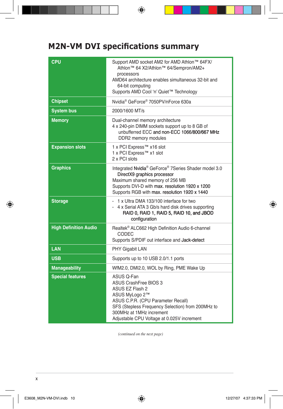 M2n-vm dvi specifications summary | Asus M2N-VM DVI User Manual | Page 10 / 100