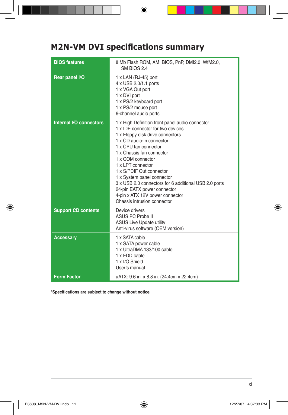 M2n-vm dvi specifications summary | Asus M2N-VM DVI User Manual | Page 11 / 100