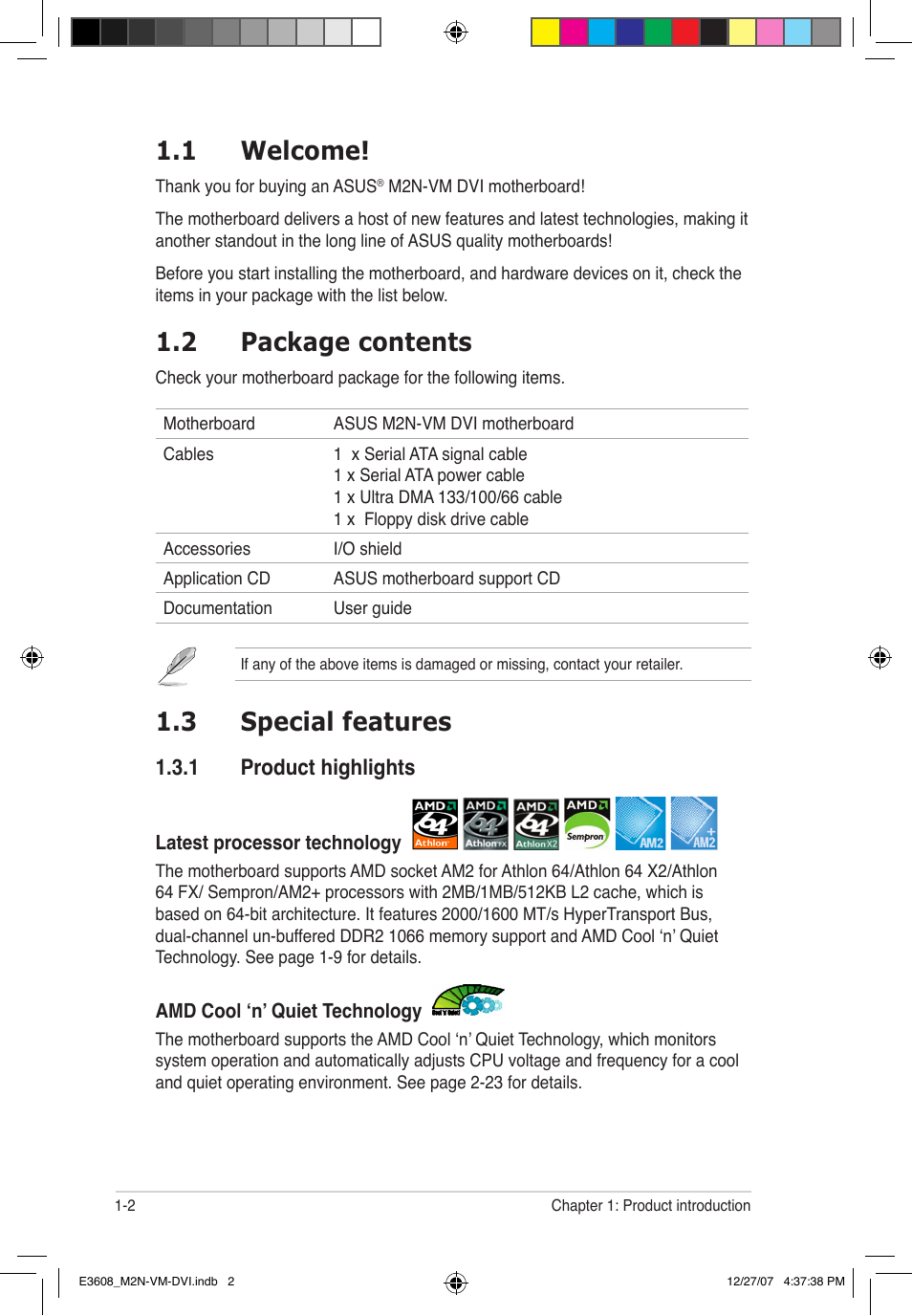 1 welcome, 2 package contents, 3 special features | 1 product highlights | Asus M2N-VM DVI User Manual | Page 14 / 100