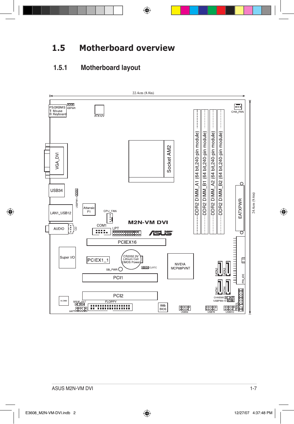 5 motherboard overview, 1 motherboard layout | Asus M2N-VM DVI User Manual | Page 19 / 100
