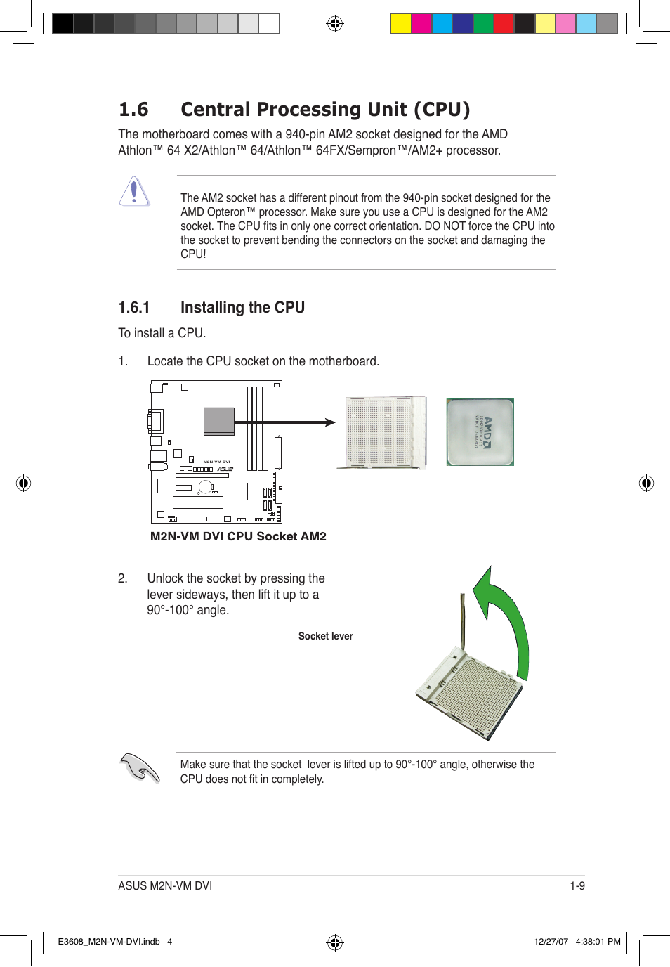 6 central processing unit (cpu), 1 installing the cpu | Asus M2N-VM DVI User Manual | Page 21 / 100