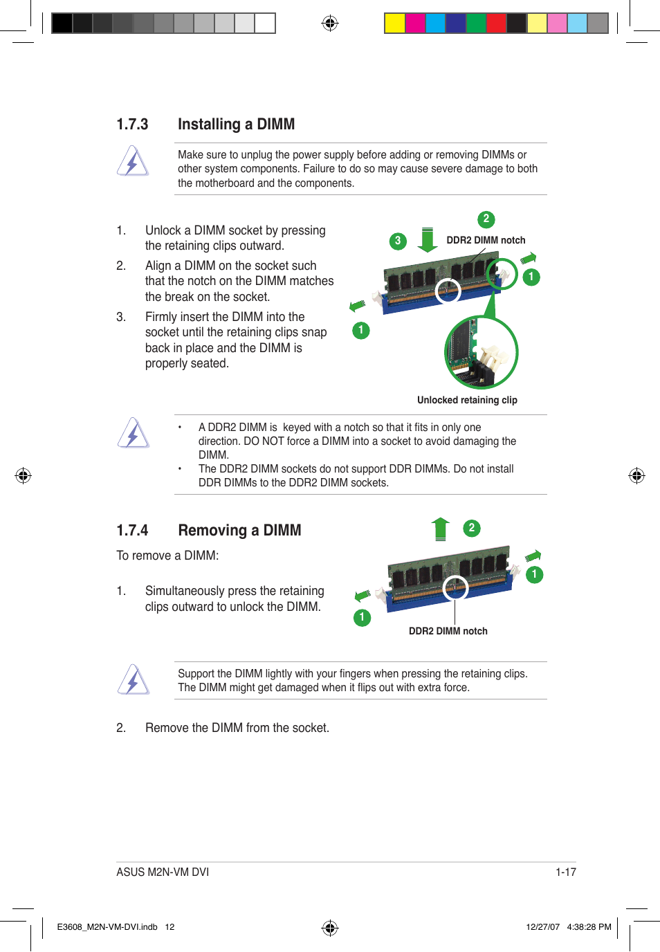 3 installing a dimm, 4 removing a dimm | Asus M2N-VM DVI User Manual | Page 29 / 100