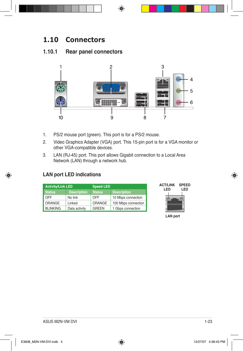 10 connectors, 1 rear panel connectors, Lan port led indications | Asus M2N-VM DVI User Manual | Page 35 / 100