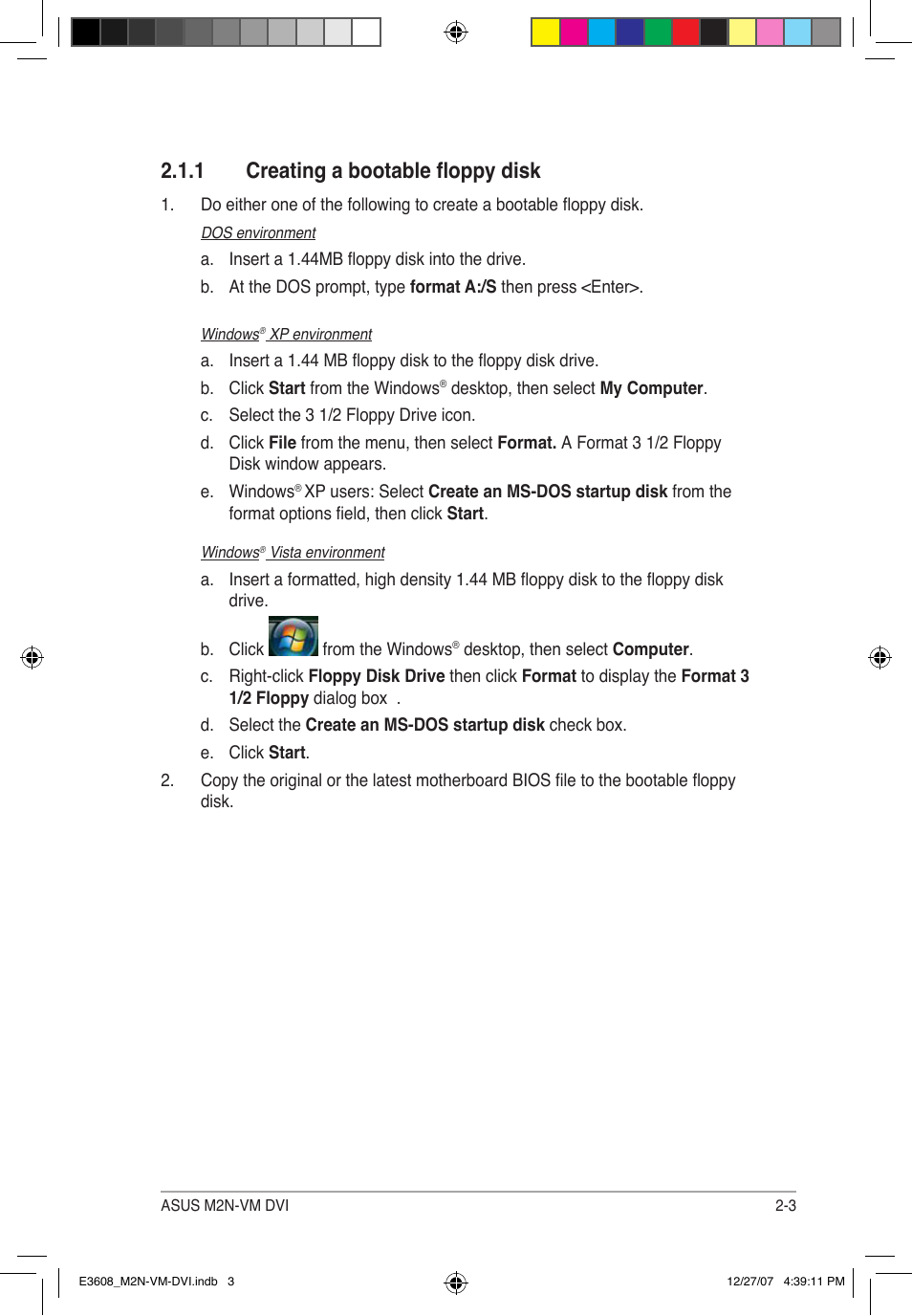 1 creating a bootable floppy disk | Asus M2N-VM DVI User Manual | Page 49 / 100