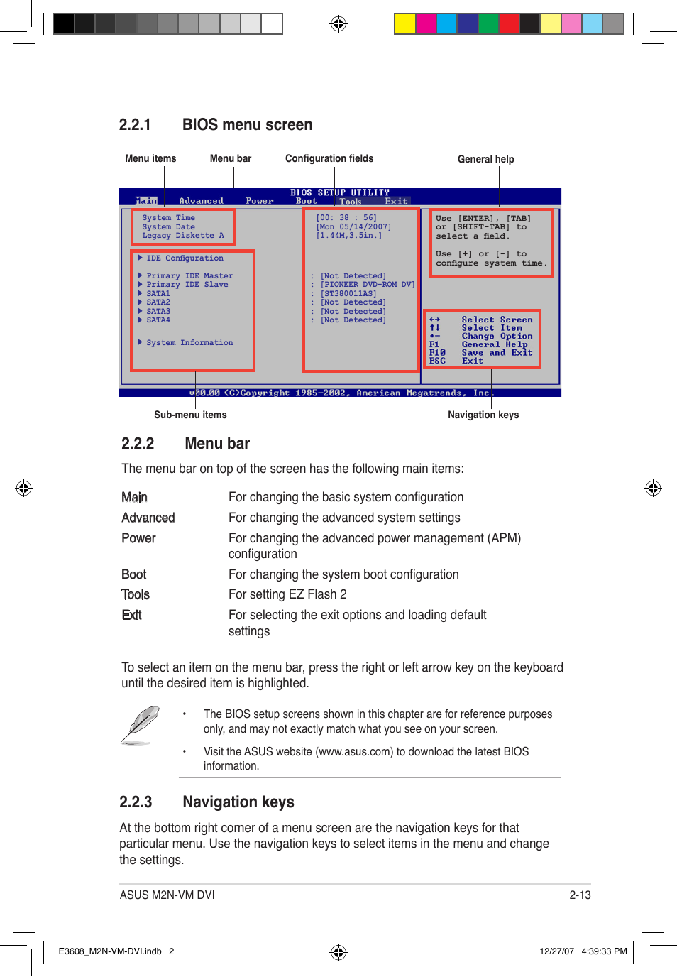 1 bios menu screen, 2 menu bar, 3 navigation keys | Asus M2N-VM DVI User Manual | Page 59 / 100