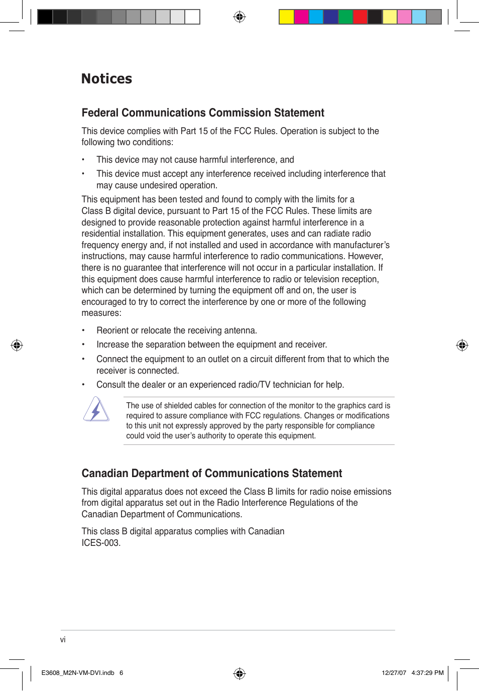 Notices, Federal communications commission statement, Canadian department of communications statement | Asus M2N-VM DVI User Manual | Page 6 / 100