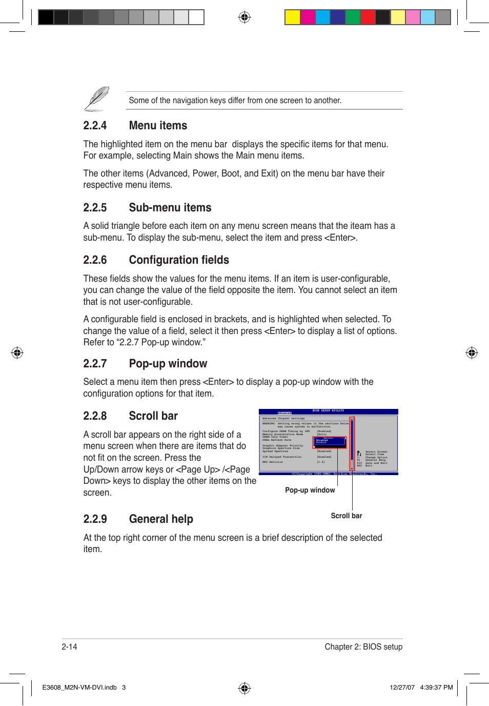 4 menu items, 5 sub-menu items, 6 configuration fields | 9 general help, 7 pop-up window, 8 scroll bar | Asus M2N-VM DVI User Manual | Page 60 / 100