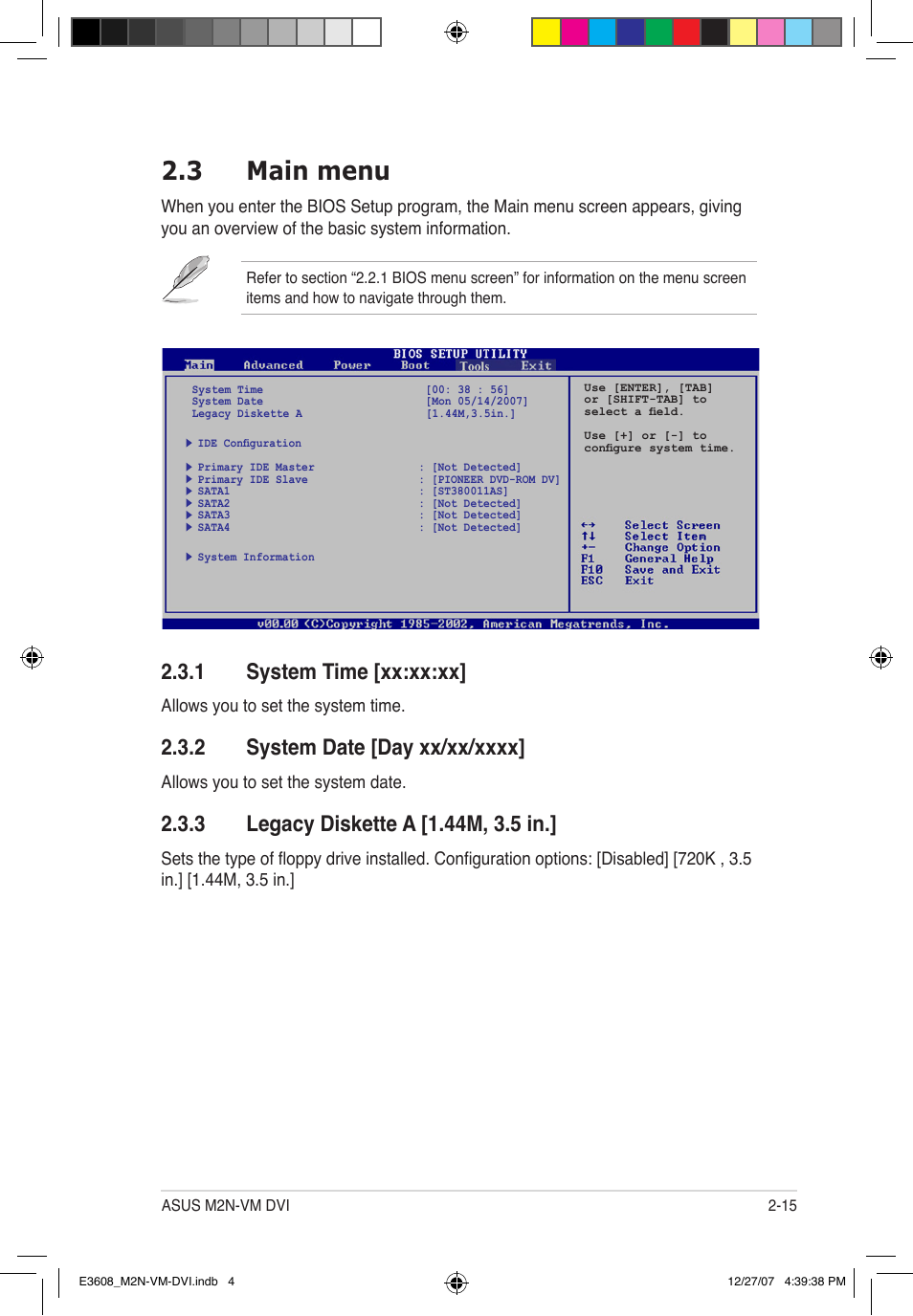 3 main menu, 1 system time [xx:xx:xx | Asus M2N-VM DVI User Manual | Page 61 / 100