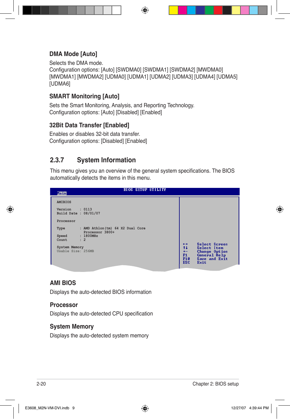 7 system information, Dma mode [auto, Smart monitoring [auto | 32bit data transfer [enabled, Ami bios, Processor | Asus M2N-VM DVI User Manual | Page 66 / 100