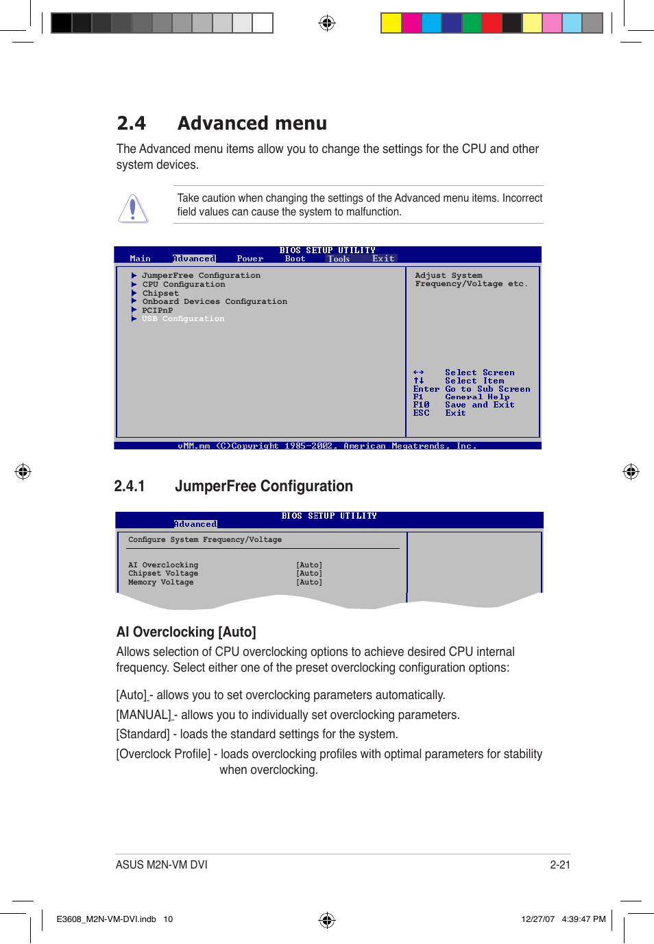 4 advanced menu, 1 jumperfree configuration, Ai overclocking [auto | Asus M2N-VM DVI User Manual | Page 67 / 100