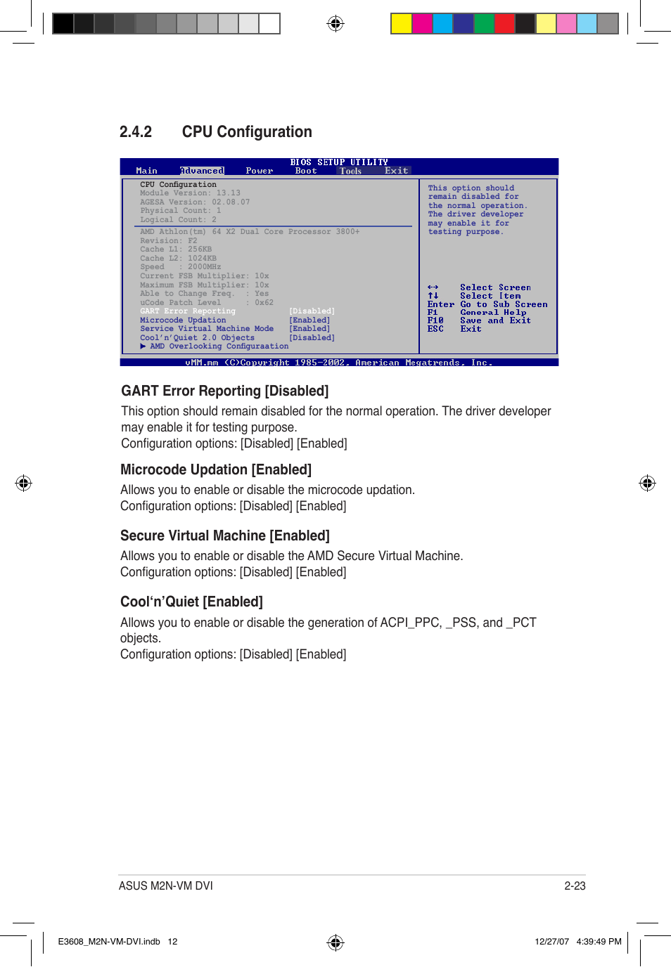 2 cpu configuration, Microcode updation [enabled, Secure virtual machine [enabled | Cool‘n’quiet [enabled, Gart error reporting [disabled | Asus M2N-VM DVI User Manual | Page 69 / 100