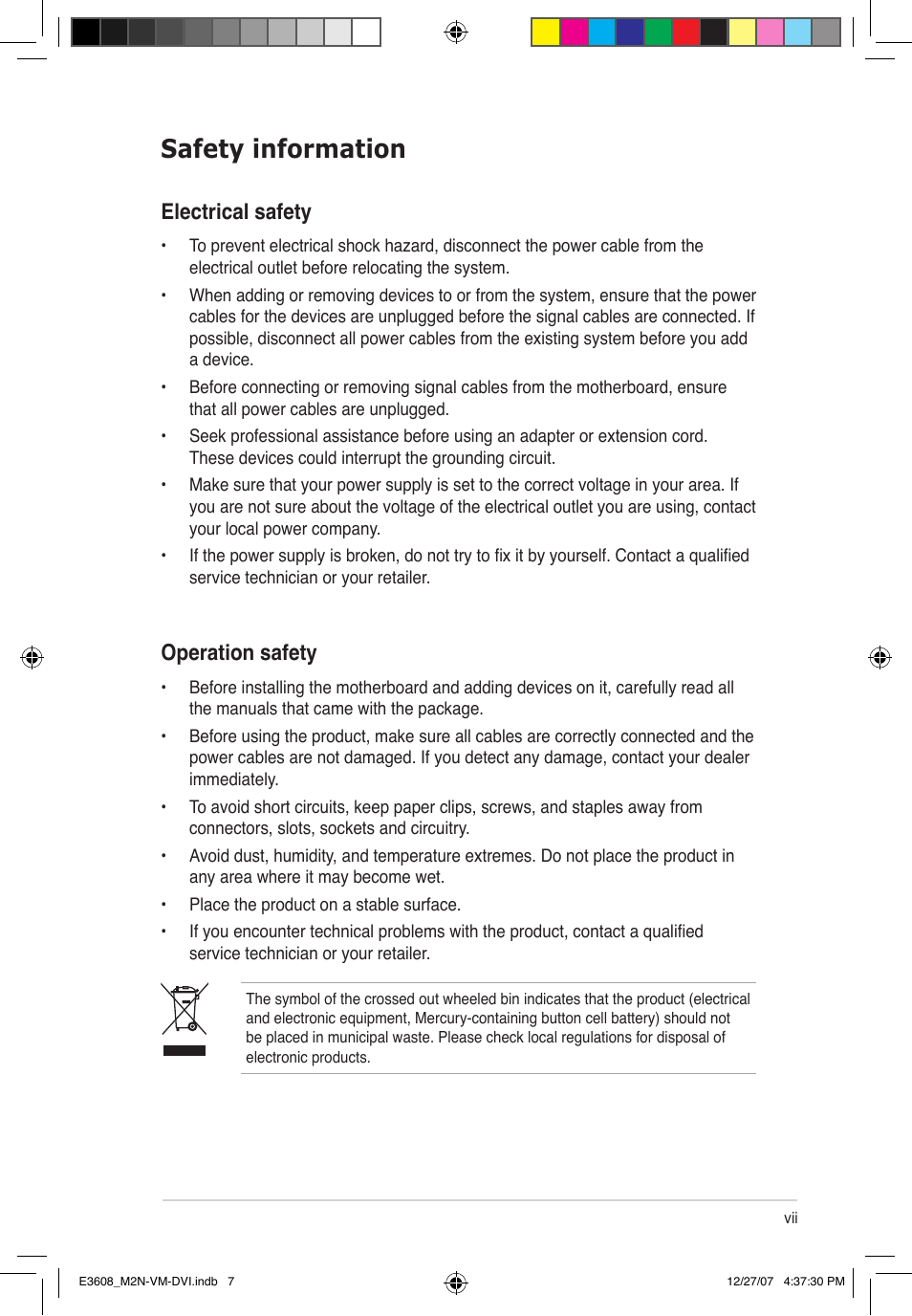 Safety information, Electrical safety, Operation safety | Asus M2N-VM DVI User Manual | Page 7 / 100