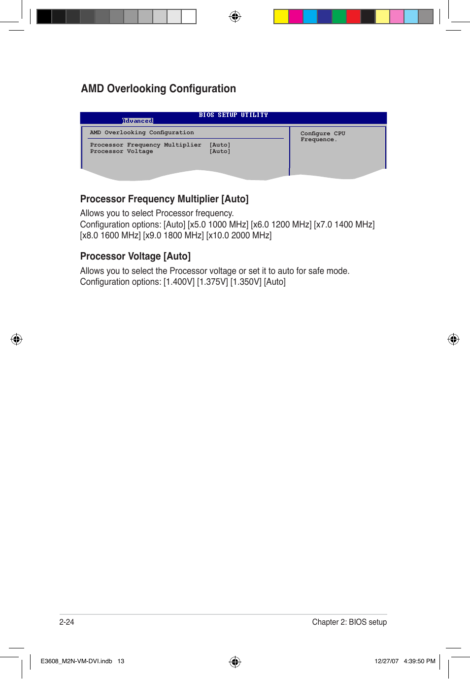 Amd overlooking configuration, Processor frequency multiplier [auto, Processor voltage [auto | Asus M2N-VM DVI User Manual | Page 70 / 100