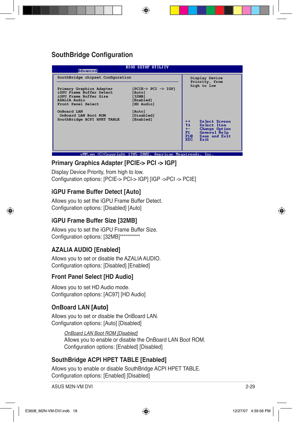 Southbridge configuration, Primary graphics adapter [pcie-> pci -> igp, Igpu frame buffer detect [auto | Igpu frame buffer size [32mb, Azalia audio [enabled, Front panel select [hd audio, Onboard lan [auto] [auto, Southbridge acpi hpet table [enabled | Asus M2N-VM DVI User Manual | Page 75 / 100