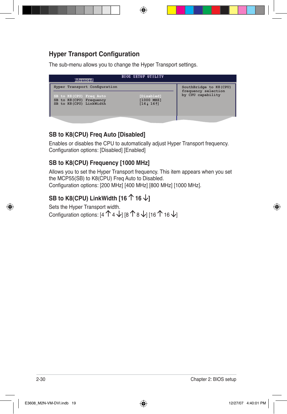 Hyper transport configuration, Sb to k8(cpu) freq auto [disabled | Asus M2N-VM DVI User Manual | Page 76 / 100