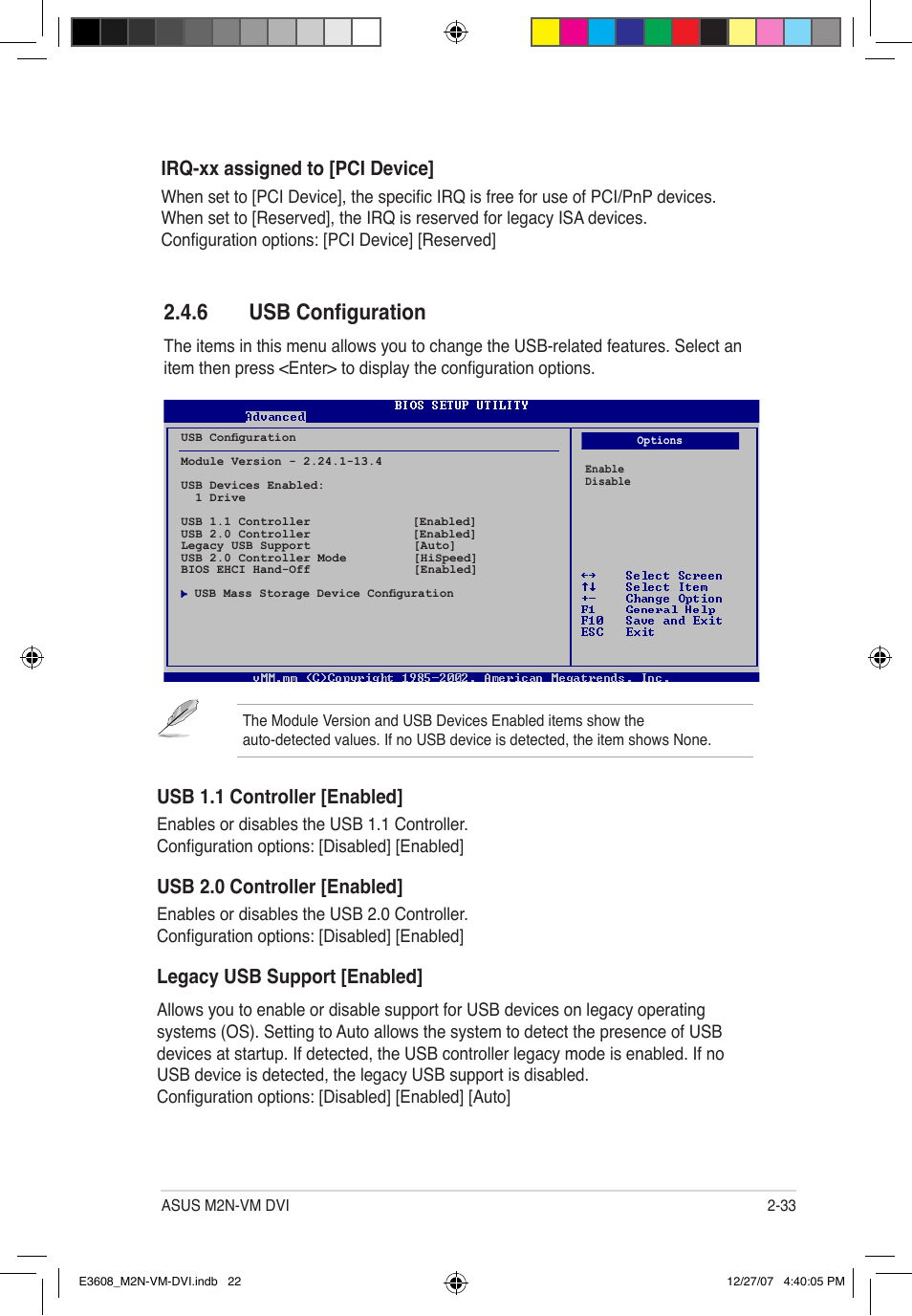 6 usb configuration, Irq-xx assigned to [pci device, Usb 1.1 controller [enabled | Usb 2.0 controller [enabled, Legacy usb support [enabled | Asus M2N-VM DVI User Manual | Page 79 / 100