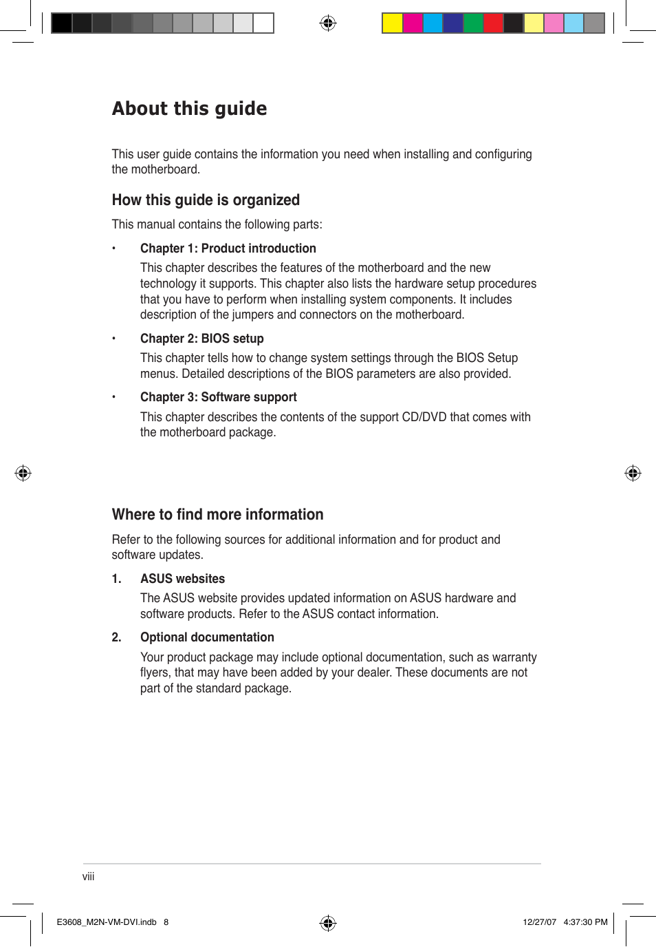 About this guide, How this guide is organized, Where to find more information | Asus M2N-VM DVI User Manual | Page 8 / 100