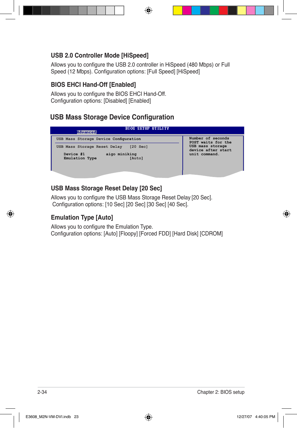 Usb mass storage device configuration, Usb 2.0 controller mode [hispeed, Bios ehci hand-off [enabled | Usb mass storage reset delay [20 sec, Emulation type [auto | Asus M2N-VM DVI User Manual | Page 80 / 100