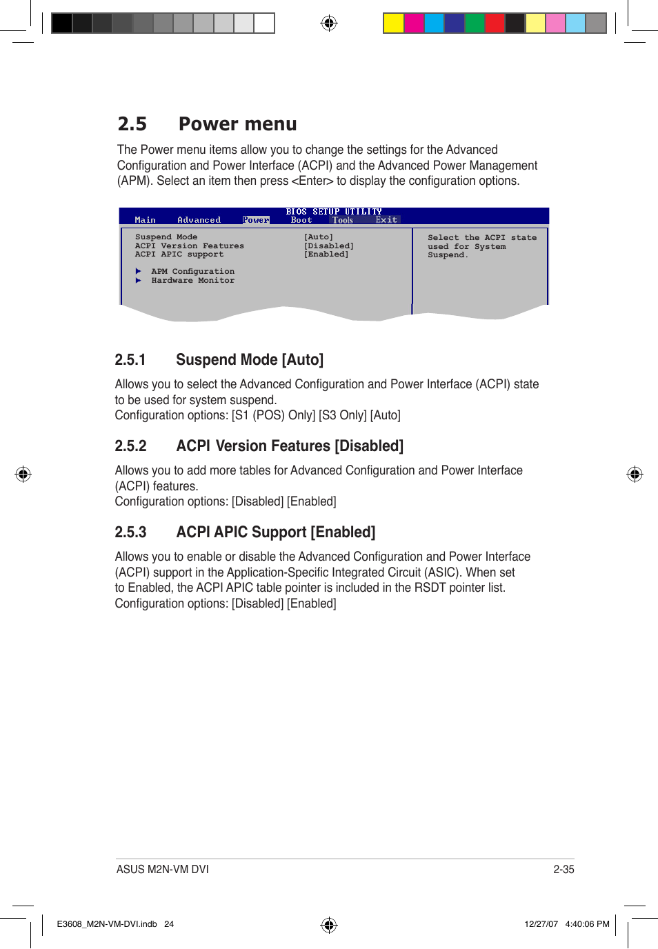 5 power menu, 1 suspend mode [auto, 2 acpi | Version features [disabled, 3 acpi apic support [enabled | Asus M2N-VM DVI User Manual | Page 81 / 100