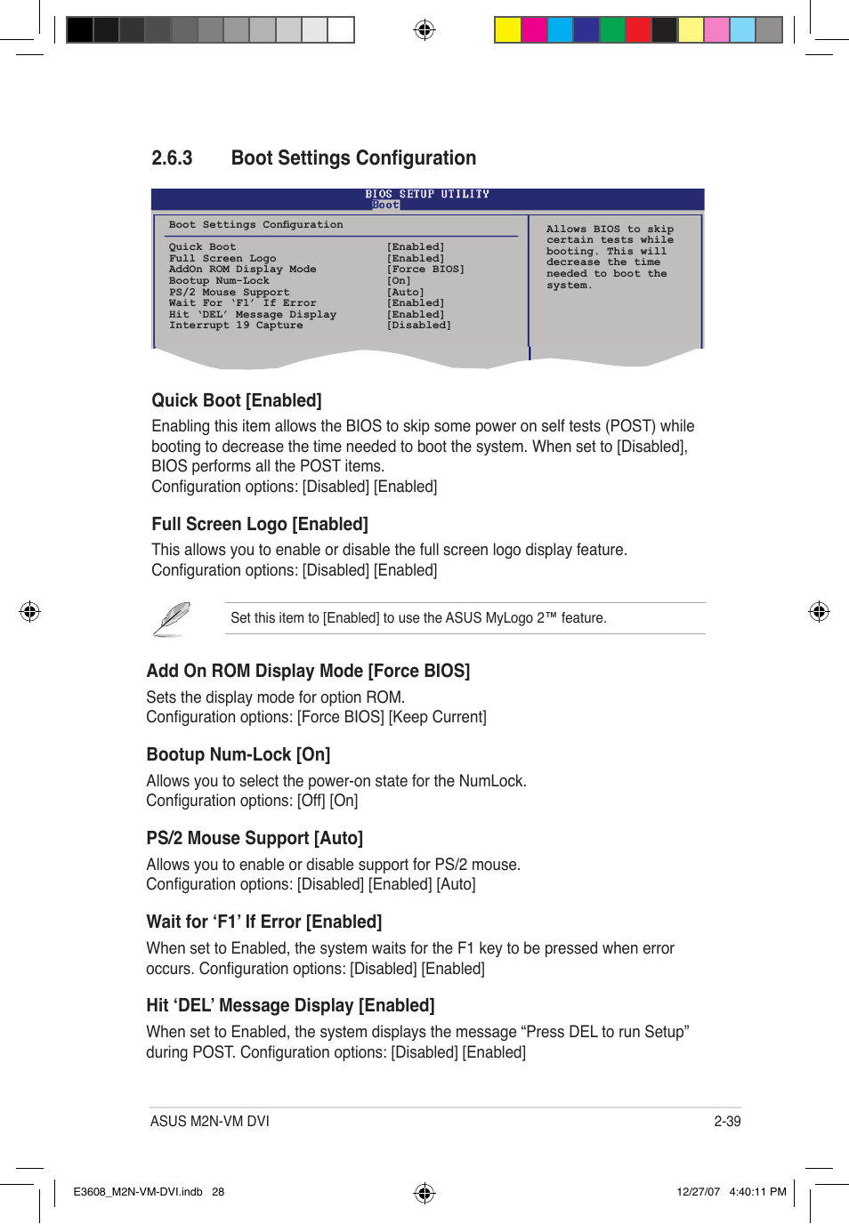 3 boot settings configuration, Quick boot [enabled, Full screen logo [enabled | Add on rom display mode [force bios, Bootup num-lock [on, Ps/2 mouse support [auto, Wait for ‘f1’ if error [enabled, Hit ‘del’ message display [enabled | Asus M2N-VM DVI User Manual | Page 85 / 100