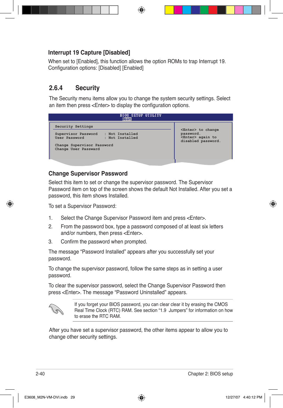 4 security, Interrupt 19 capture [disabled, Change supervisor password | Asus M2N-VM DVI User Manual | Page 86 / 100
