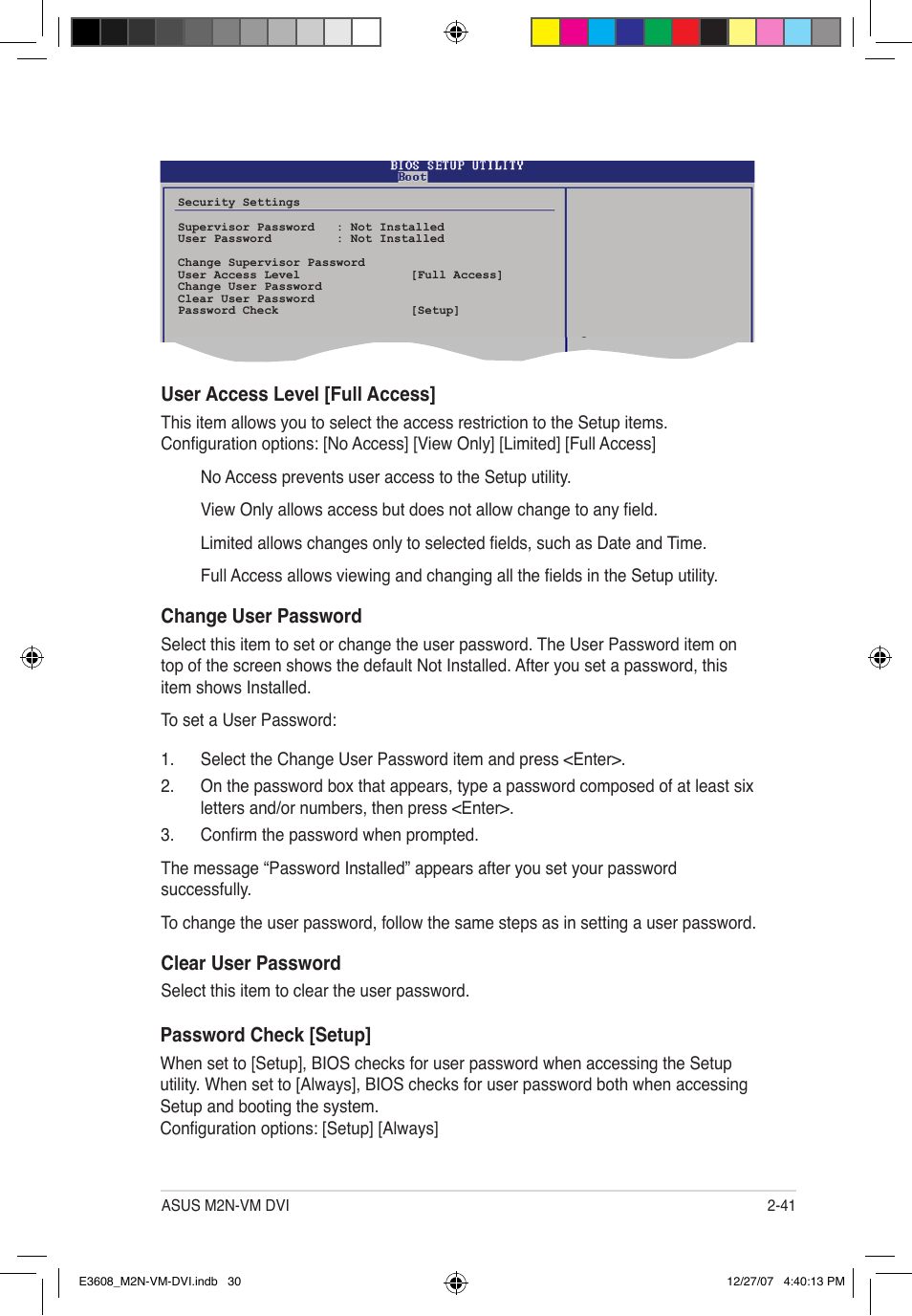 User access level [full access, Change user password, Clear user password | Password check [setup | Asus M2N-VM DVI User Manual | Page 87 / 100