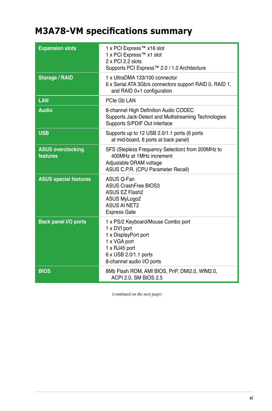 M3a78-vm specifications summary | Asus M3A78-VM User Manual | Page 11 / 96