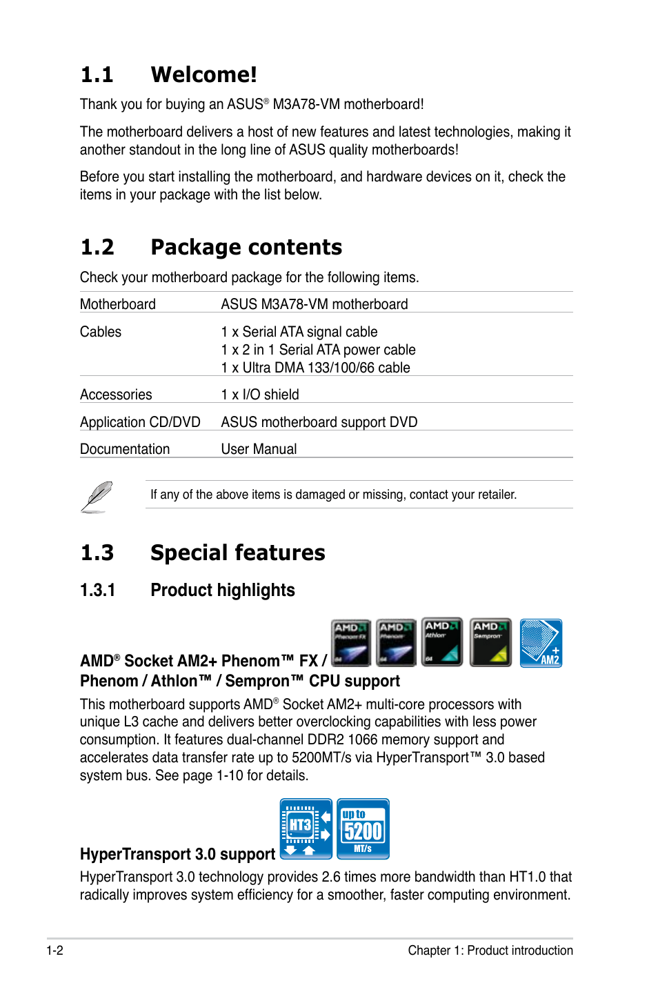 1 welcome, 2 package contents, 3 special features | 1 product highlights, Welcome! -2, Package contents -2, Special features -2 1.3.1, Product highlights -2 | Asus M3A78-VM User Manual | Page 14 / 96