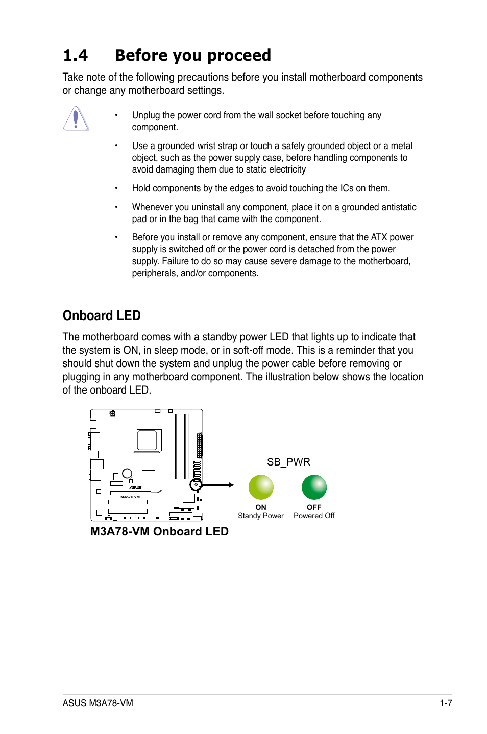 4 before you proceed, Before you proceed -7, Onboard led | M3a78-vm onboard led | Asus M3A78-VM User Manual | Page 19 / 96