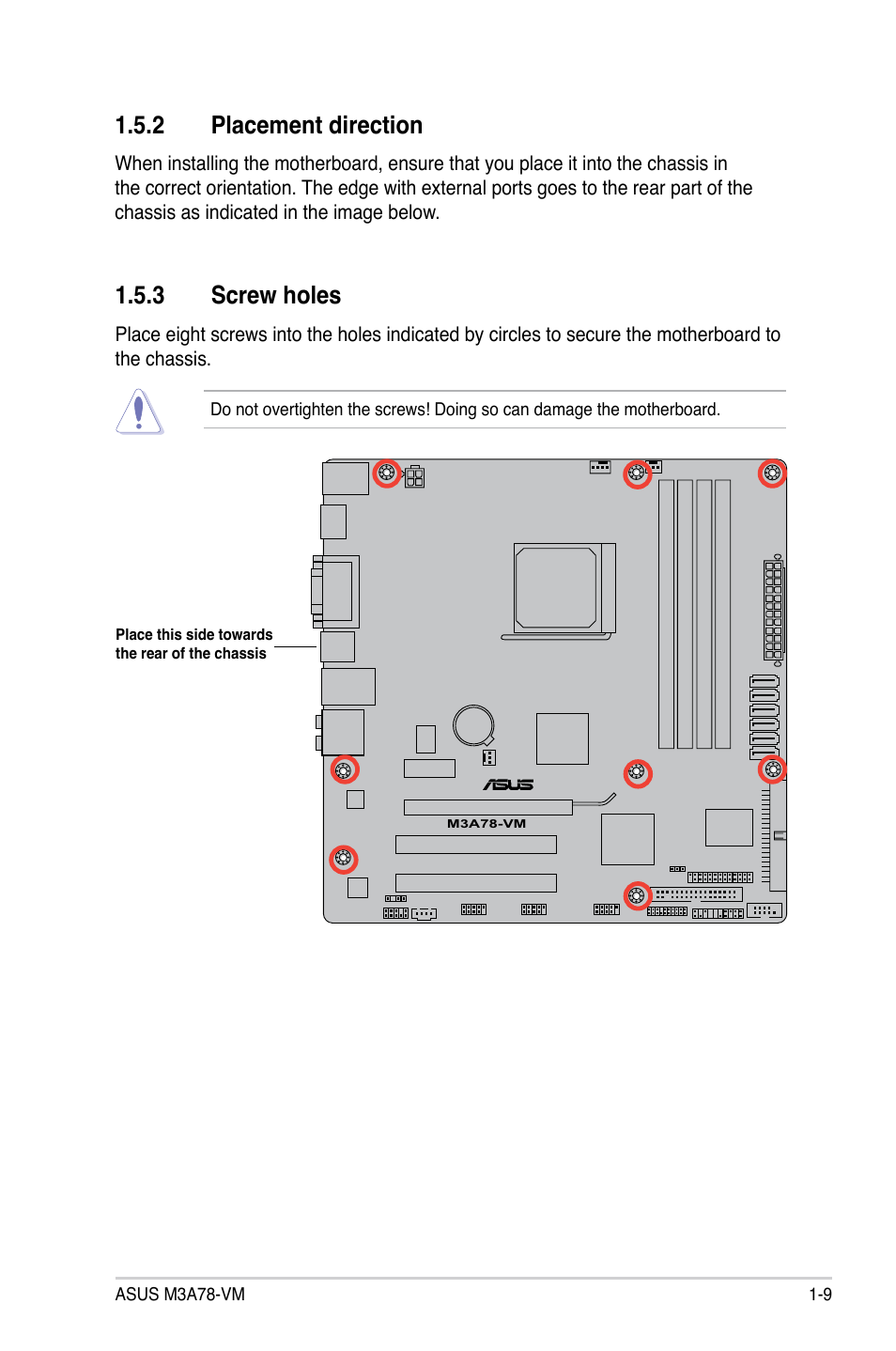 2 placement direction, 3 screw holes, Placement direction -9 | Screw holes -9 | Asus M3A78-VM User Manual | Page 21 / 96