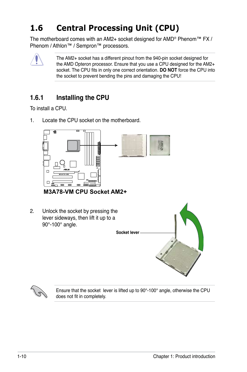 6 central processing unit (cpu), 1 installing the cpu, Central processing unit (cpu) -10 1.6.1 | Installing the cpu -10 | Asus M3A78-VM User Manual | Page 22 / 96