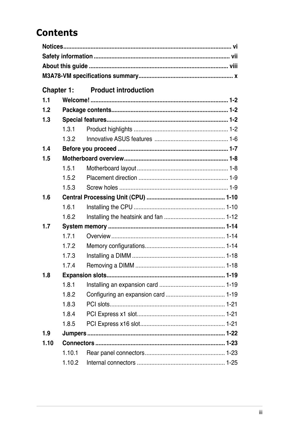 Asus M3A78-VM User Manual | Page 3 / 96