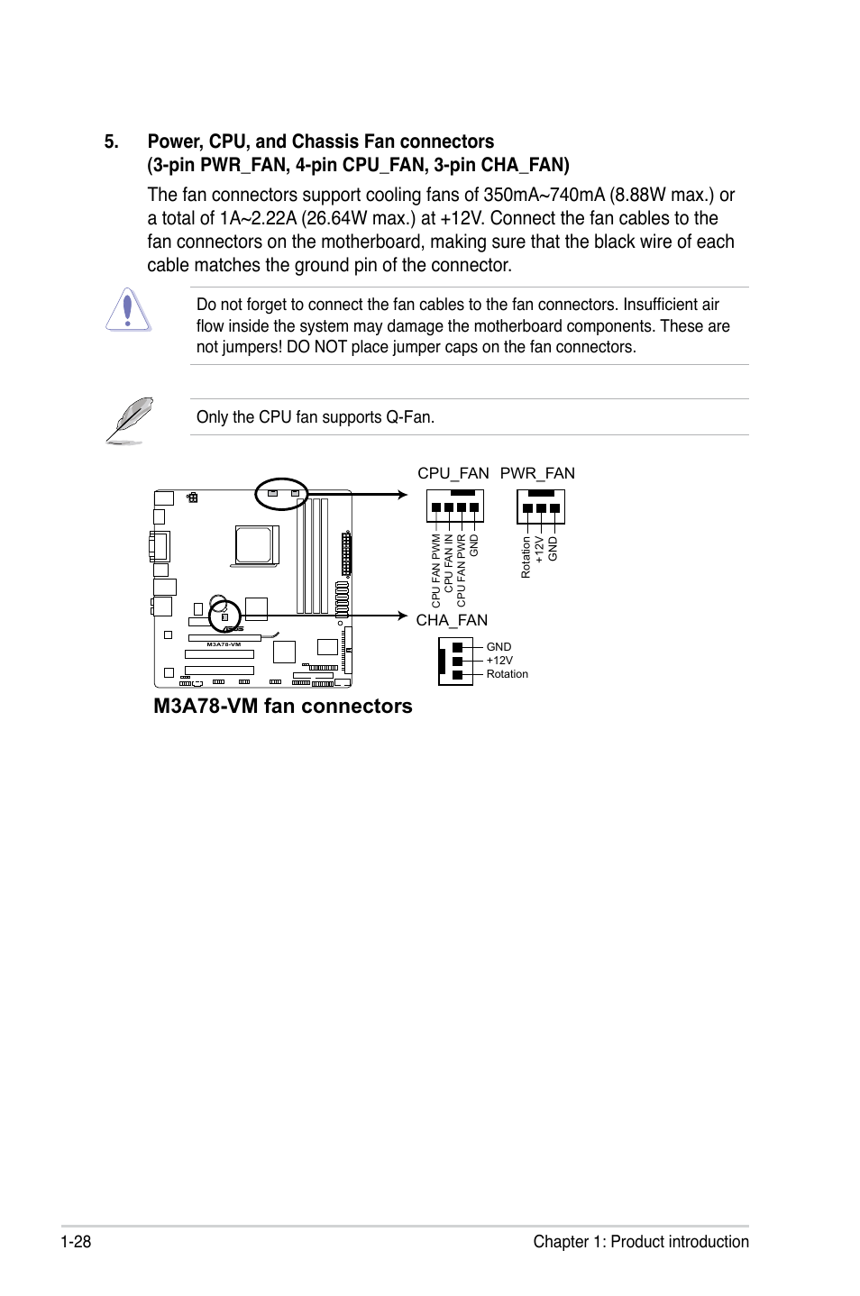 M3a78-vm fan connectors, 28 chapter 1: product introduction | Asus M3A78-VM User Manual | Page 40 / 96