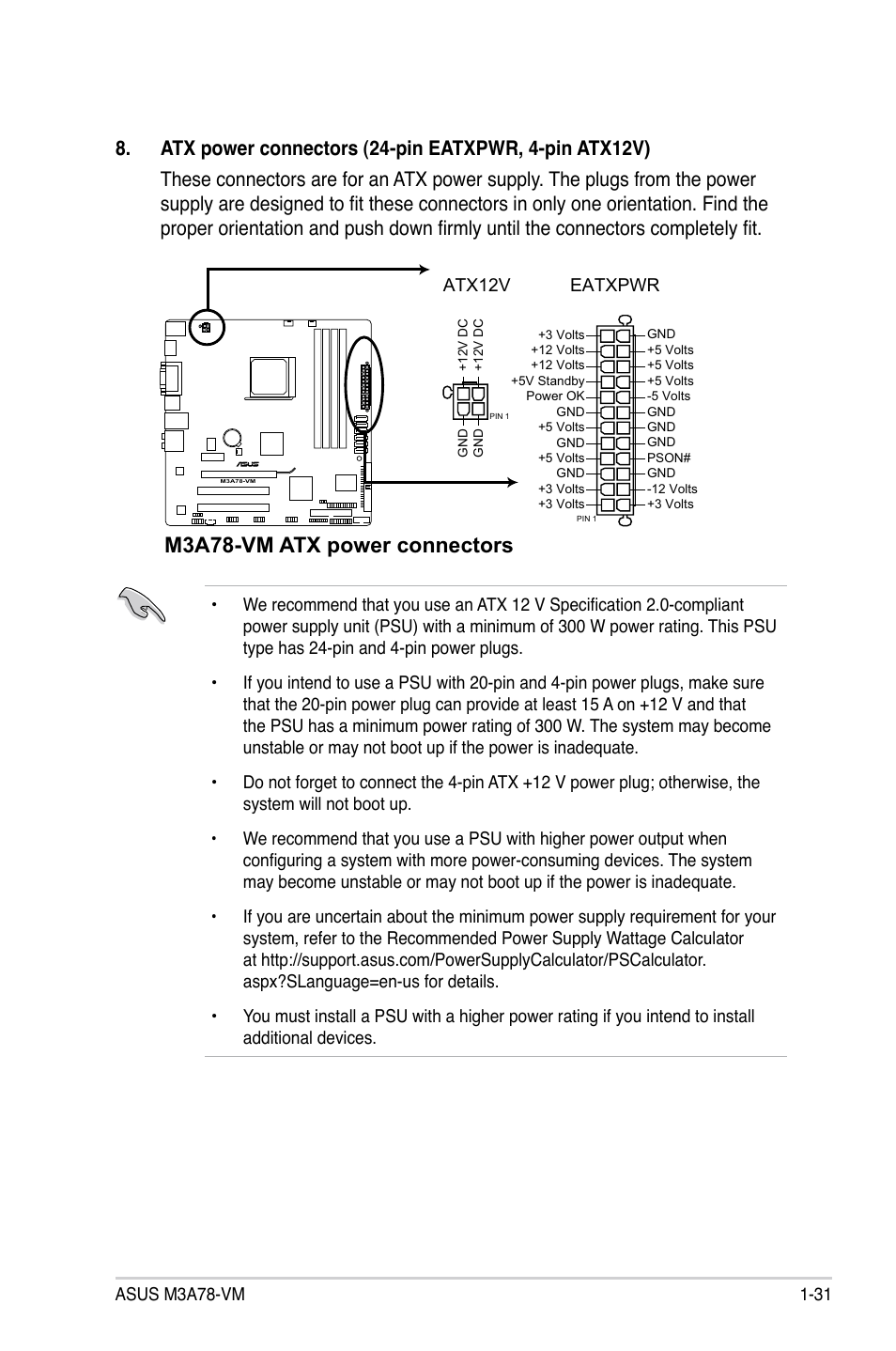 M3a78-vm atx power connectors | Asus M3A78-VM User Manual | Page 43 / 96