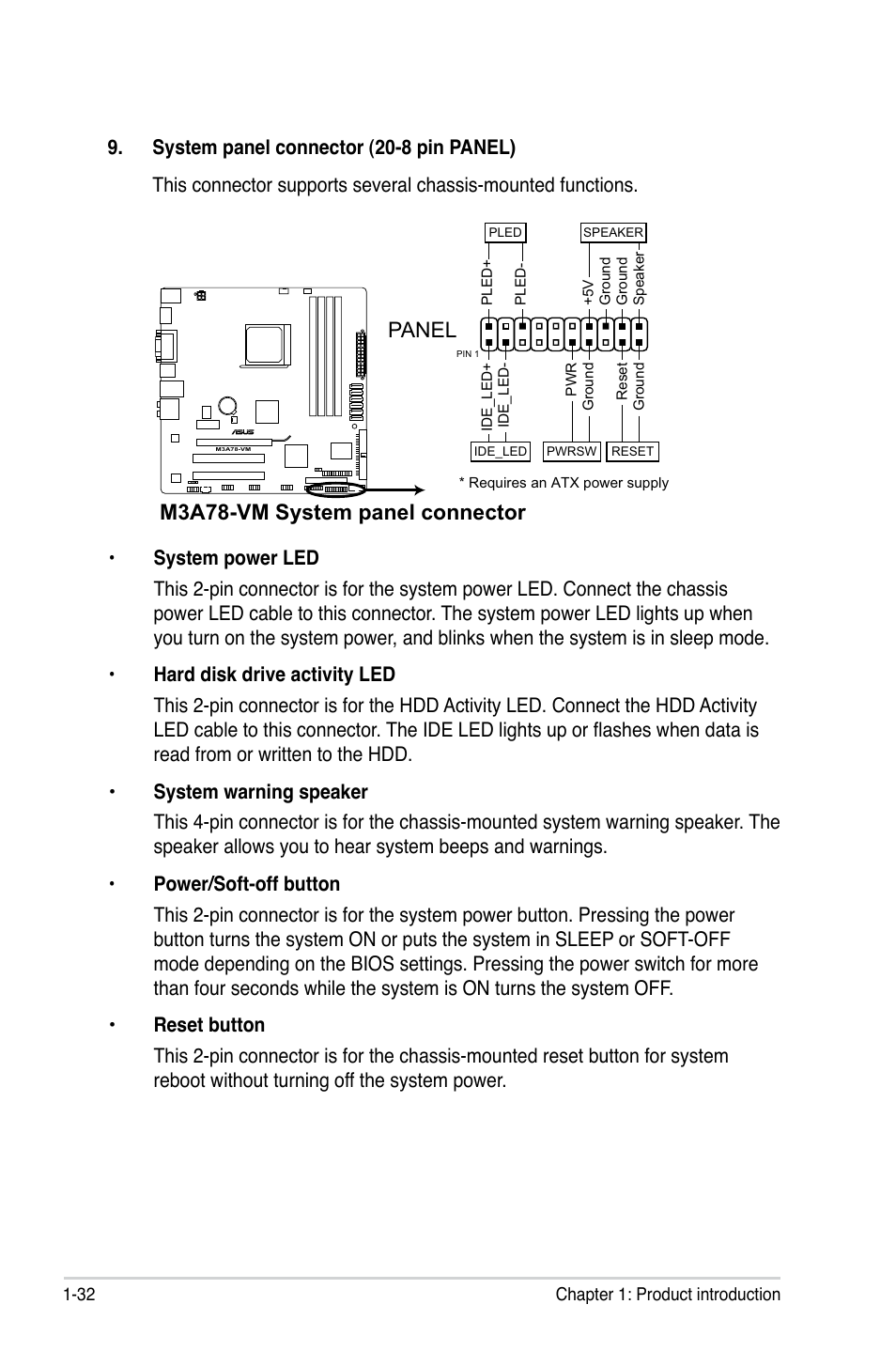 M3a78-vm system panel connector, Panel | Asus M3A78-VM User Manual | Page 44 / 96