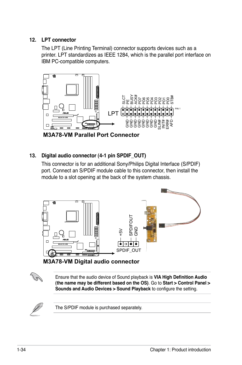 M3a78-vm parallel port connector, M3a78-vm digital audio connector, 34 chapter 1: product introduction | The s/pdif module is purchased separately | Asus M3A78-VM User Manual | Page 46 / 96